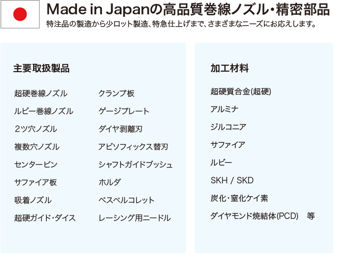 Made in Japanの高品質巻線ノズル・精密部品 Made in Japanの高品質巻線ノズル・精密部品